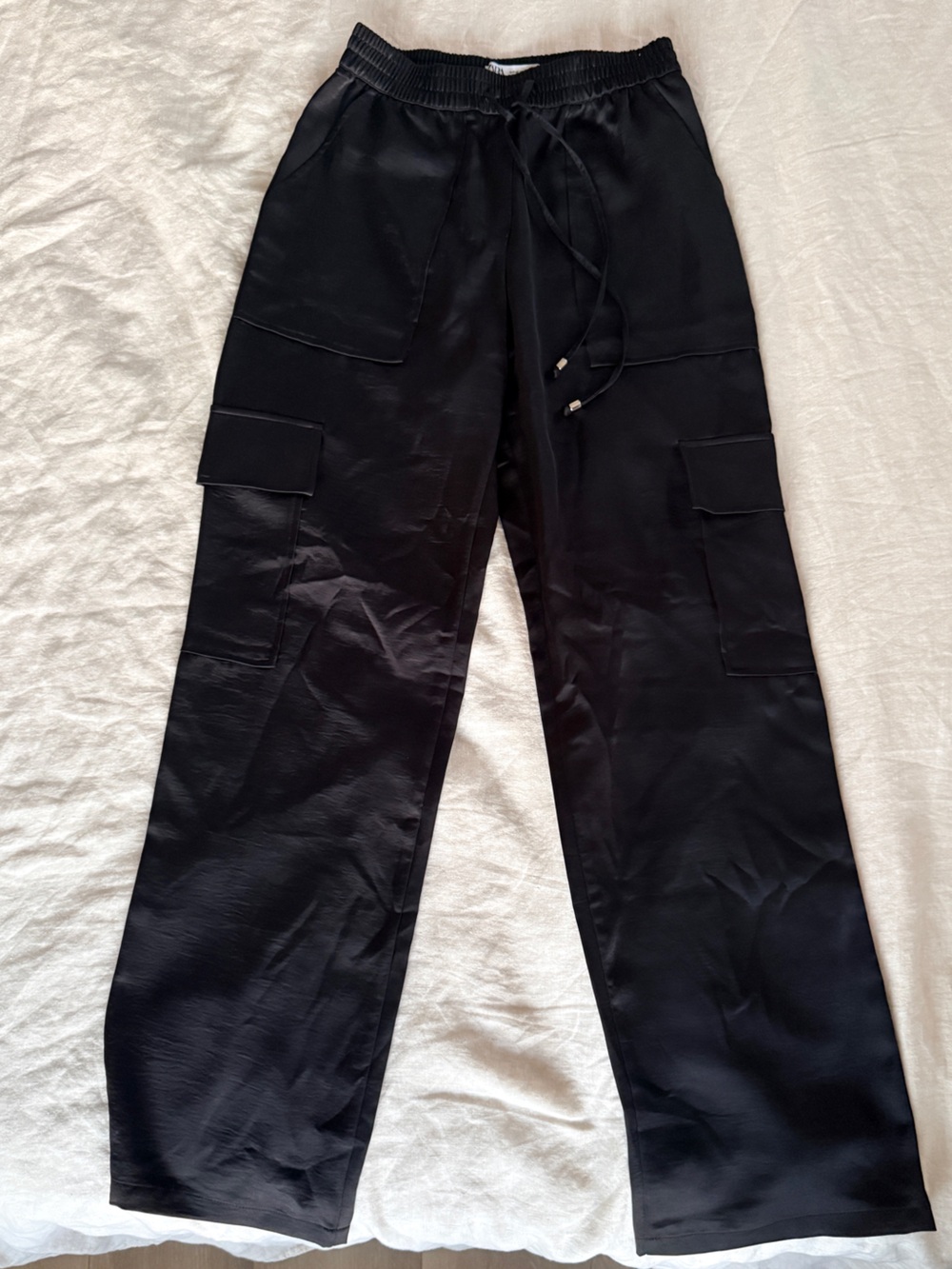 Zara Satin Black Cargo Drawstring Pants